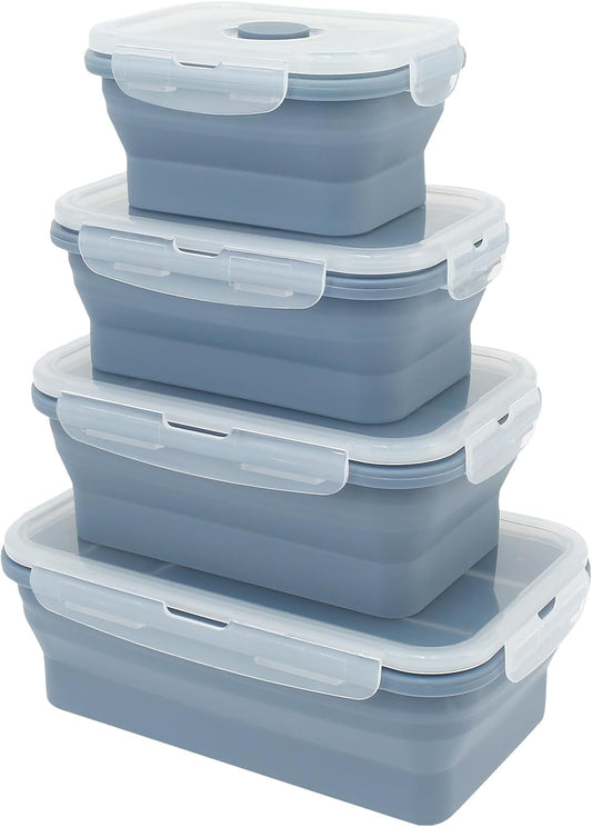 4Pcs Silicone Collapsible Food Storage Container Temperature Resistant Meal Prep Container, Microwave Safe Food Box with Airtight Cover for Kitchen Camping Picnic School(Blue Four-Piece Set)