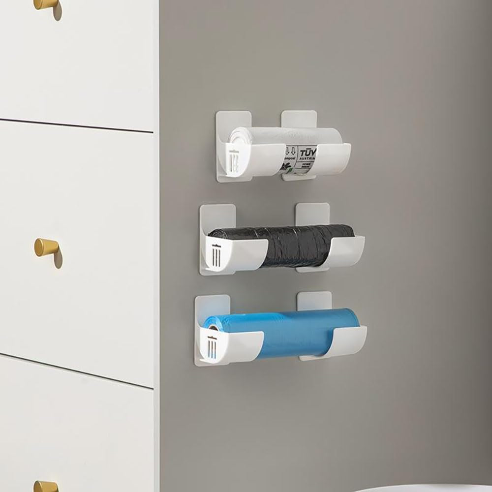 Pack of 4 No Punching Kitchen Organiser, Wall Mounted Bin Bag Dispenser Organiser Kitchen White Wall Mounted Trash Bag Kitchen Organiser for Kitchen Storage & Organisation Kitchen Accessories