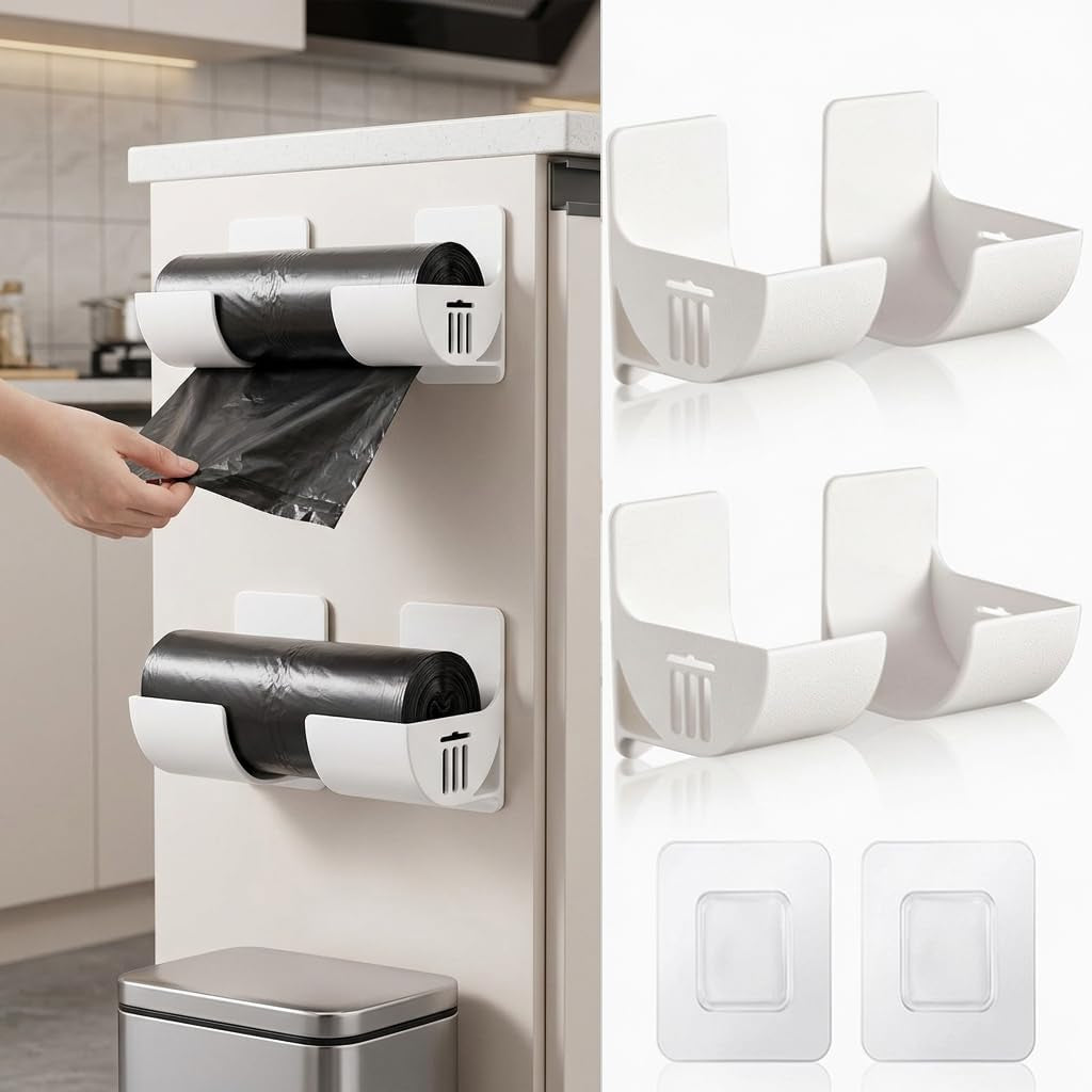 Pack of 4 No Punching Kitchen Organiser, Wall Mounted Bin Bag Dispenser Organiser Kitchen White Wall Mounted Trash Bag Kitchen Organiser for Kitchen Storage & Organisation Kitchen Accessories