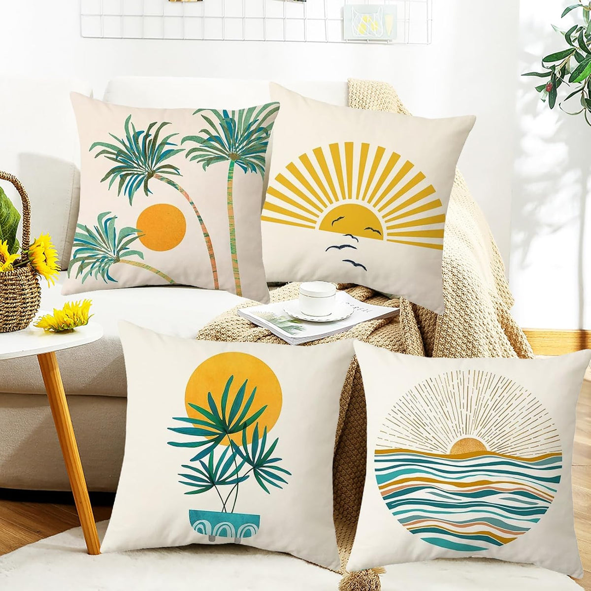 Home Decorative Throw Pillow Covers - Set of 4 Soft Throw Pillow Covers Cushion Case for Sofa Living Room Indoors Outdoors 18X18 Inch (Yellow)