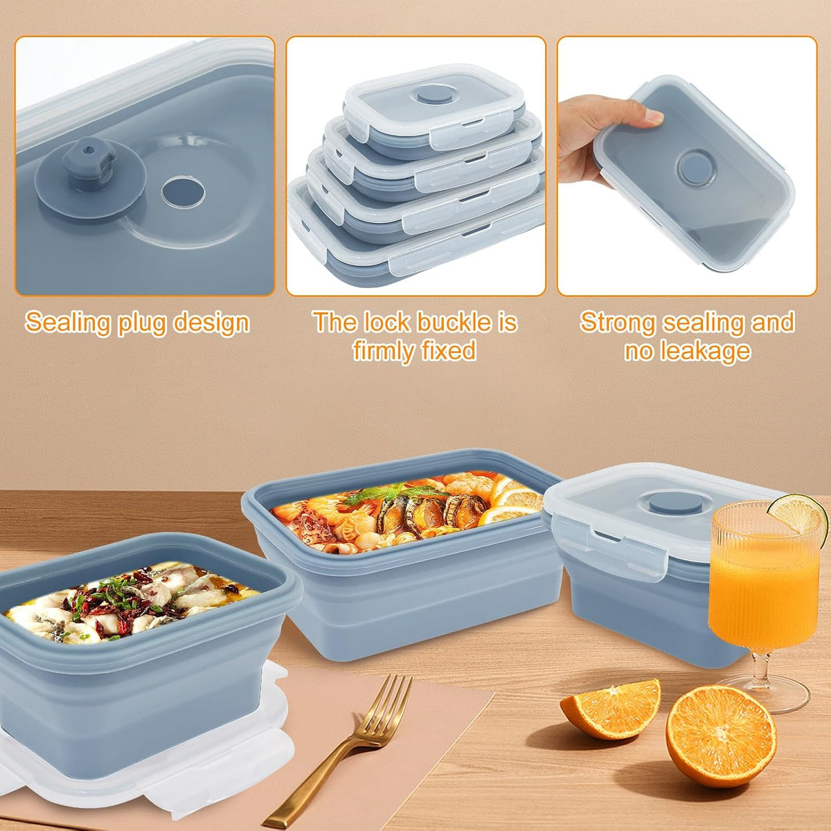 4Pcs Silicone Collapsible Food Storage Container Temperature Resistant Meal Prep Container, Microwave Safe Food Box with Airtight Cover for Kitchen Camping Picnic School(Blue Four-Piece Set)