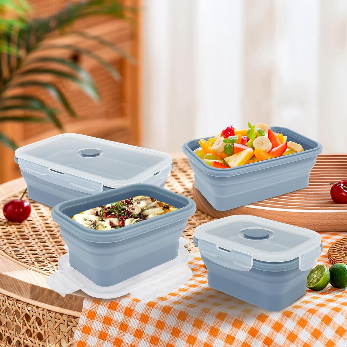 4Pcs Silicone Collapsible Food Storage Container Temperature Resistant Meal Prep Container, Microwave Safe Food Box with Airtight Cover for Kitchen Camping Picnic School(Blue Four-Piece Set)