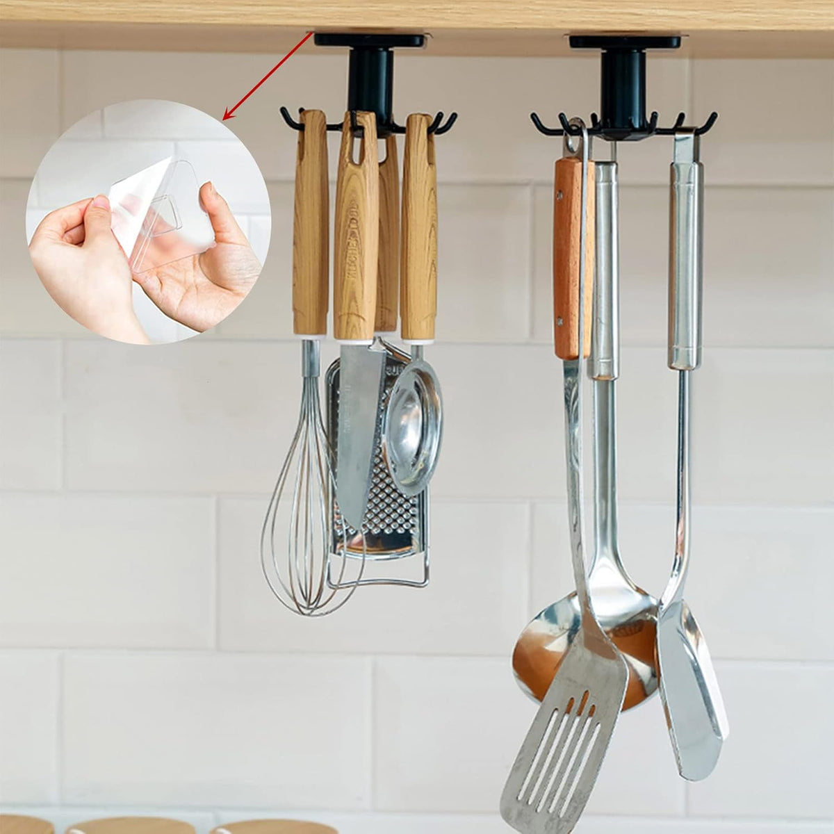 Pack of 2 360° Rotating Holder Kitchen Utensils Self-Adhesive Hook Rack Kitchen No Drilling Hanging Rack Kitchen for Home Kitchen Cooking Accessories Kitchen Utensils (Black)