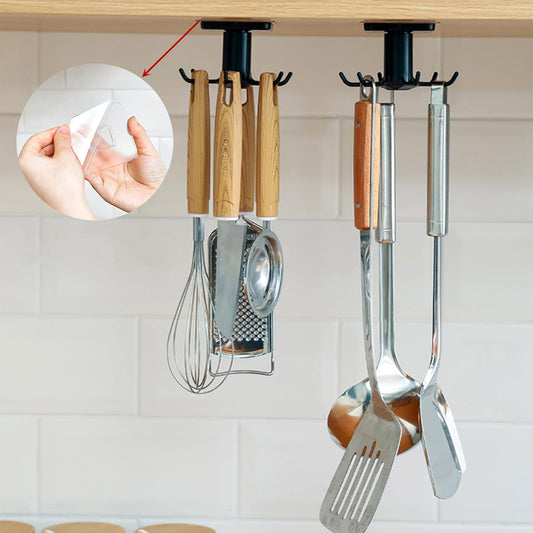 Pack of 2 360° Rotating Holder Kitchen Utensils Self-Adhesive Hook Rack Kitchen No Drilling Hanging Rack Kitchen for Home Kitchen Cooking Accessories Kitchen Utensils (Black)