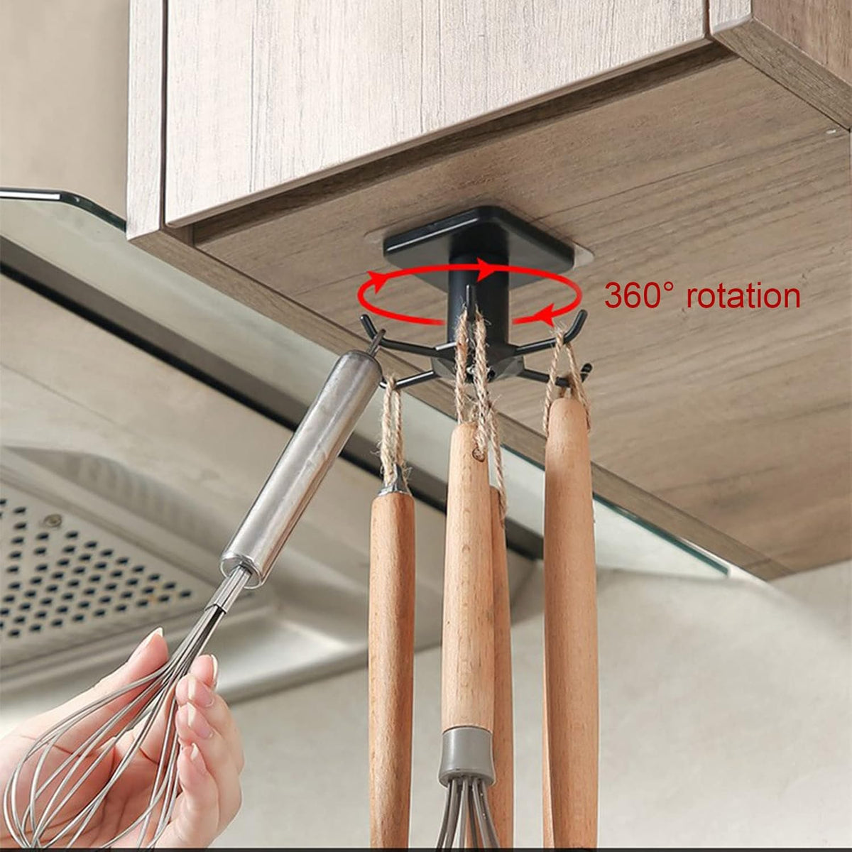 Pack of 2 360° Rotating Holder Kitchen Utensils Self-Adhesive Hook Rack Kitchen No Drilling Hanging Rack Kitchen for Home Kitchen Cooking Accessories Kitchen Utensils (Black)