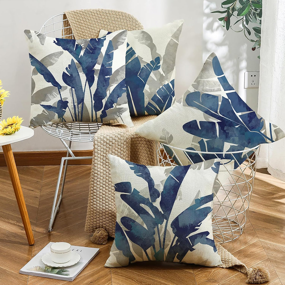 Home Decorative Throw Pillow Covers - Set of 4 Soft Throw Pillow Covers Cushion Case for Sofa Living Room Indoors Outdoors 18X18 Inch (Blue)