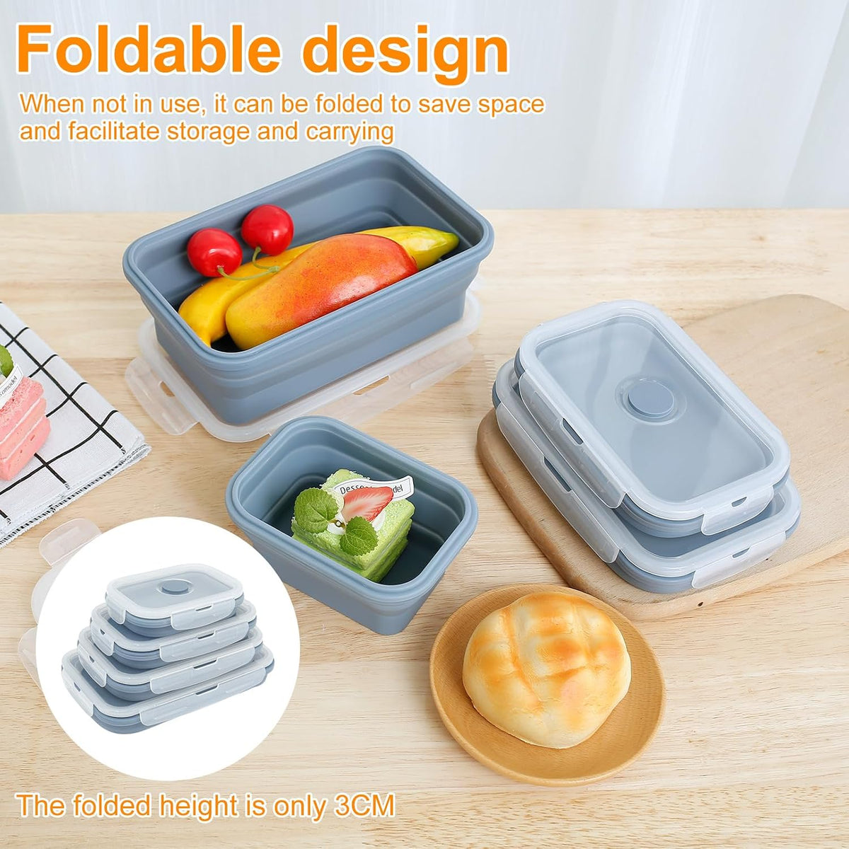 4Pcs Silicone Collapsible Food Storage Container Temperature Resistant Meal Prep Container, Microwave Safe Food Box with Airtight Cover for Kitchen Camping Picnic School(Blue Four-Piece Set)