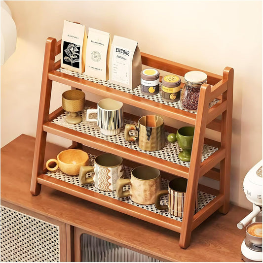 Kitchen Organiser 3 Tiers Bamboo Imitation Rattan Weaving Decorative Kitchen Spice Rack Standing Kitchen Storage & Organisation Coffee Pads Storage, Tea Organiser for Office (40 X 18 X 39)