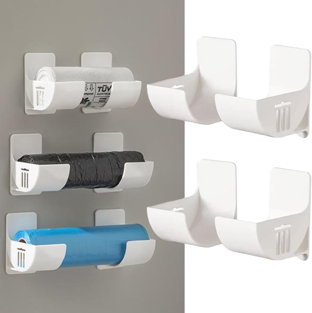 Pack of 4 No Punching Kitchen Organiser, Wall Mounted Bin Bag Dispenser Organiser Kitchen White Wall Mounted Trash Bag Kitchen Organiser for Kitchen Storage & Organisation Kitchen Accessories