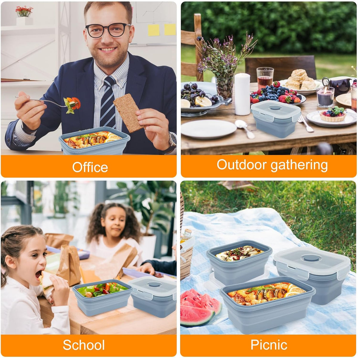 4Pcs Silicone Collapsible Food Storage Container Temperature Resistant Meal Prep Container, Microwave Safe Food Box with Airtight Cover for Kitchen Camping Picnic School(Blue Four-Piece Set)