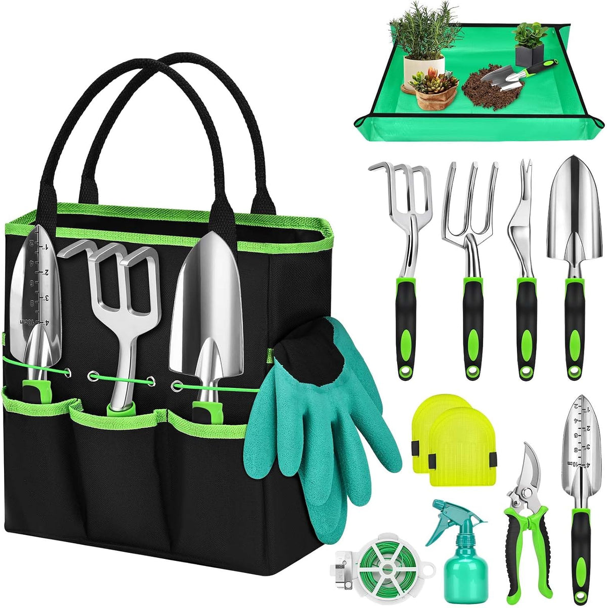 Garden Hand Tools, 12 Pieces Aluminium Gardening Tools Set, Gardening Kit with Garden Fork, Trowel, Gardening Gifts for Women & Men