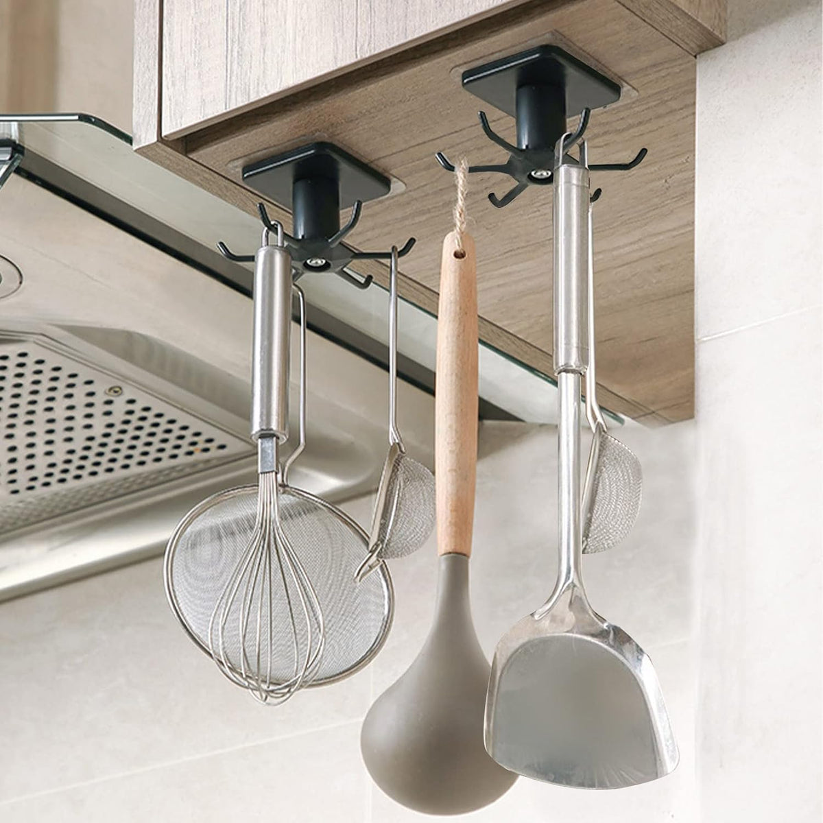 Pack of 2 360° Rotating Holder Kitchen Utensils Self-Adhesive Hook Rack Kitchen No Drilling Hanging Rack Kitchen for Home Kitchen Cooking Accessories Kitchen Utensils (Black)